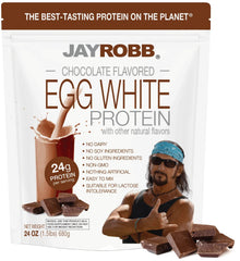 JAYROBB empaque frontal de proteína de clara de huevo chocolate, información clara
