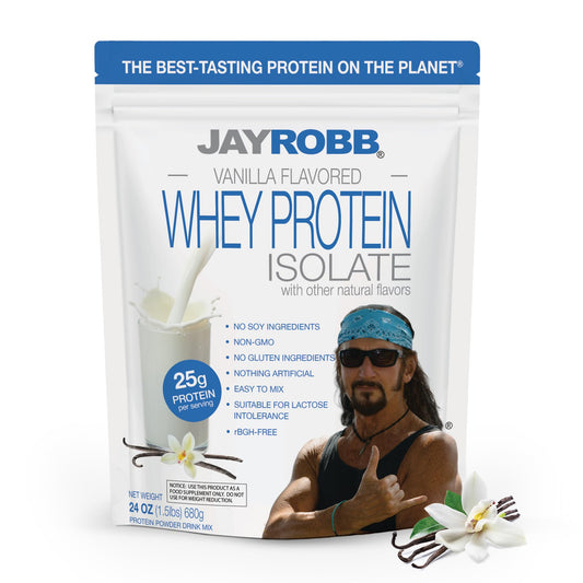 Envase JAYROBB Whey Protein vainilla mostrando diseño y tamaño práctico