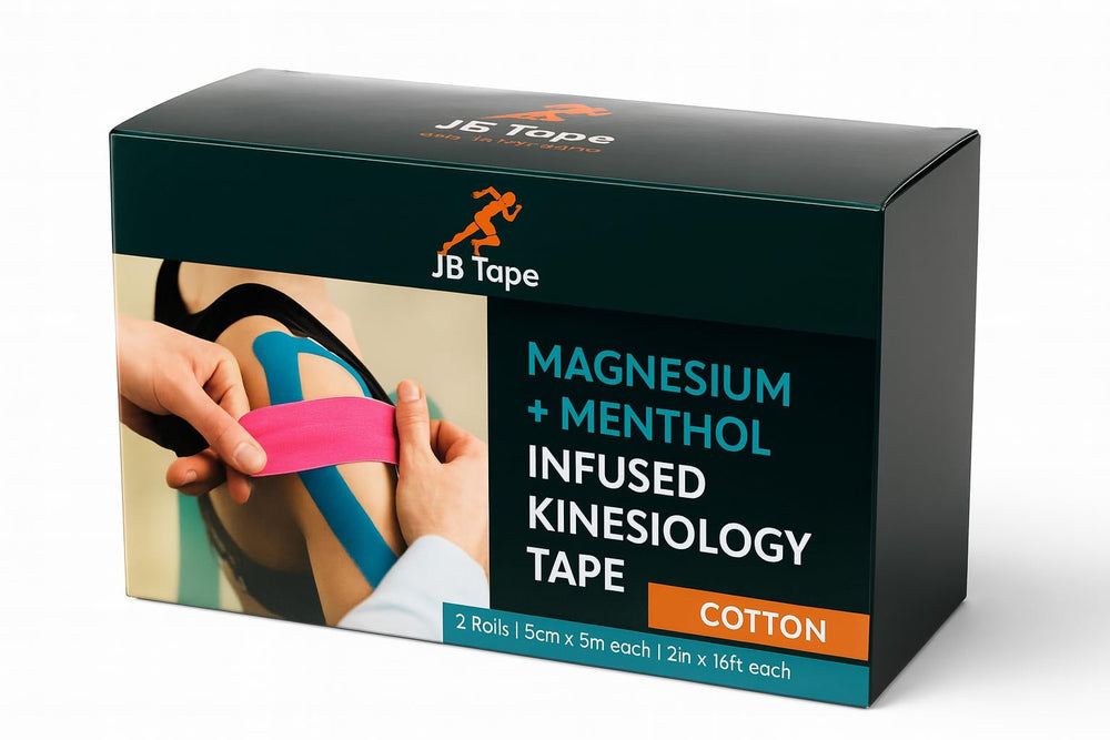 JB TAPE etiqueta con ingredientes y característica dual magnesio mentol informativa