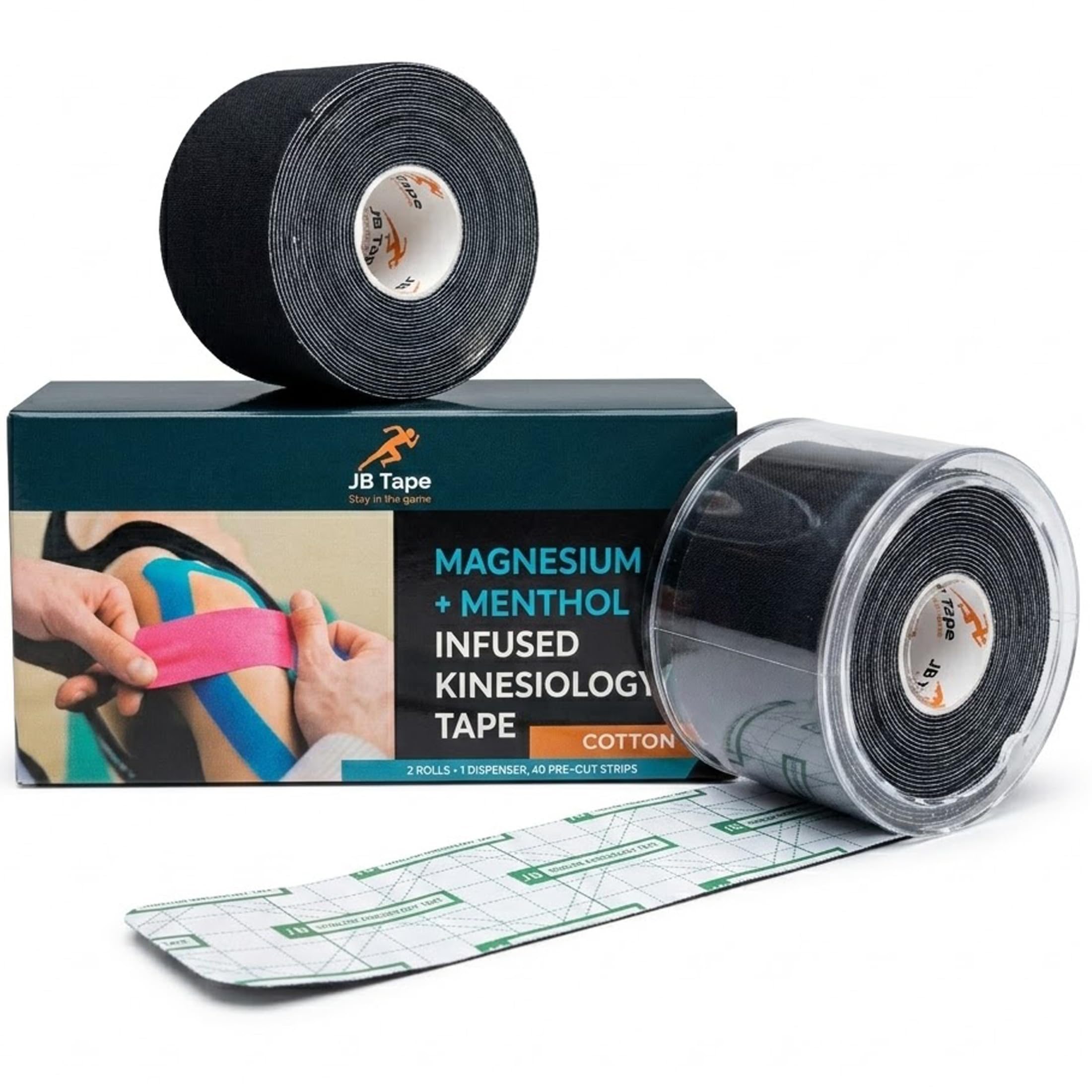 JB TAPE frente del empaque mostrando dos rollos y dispensador, práctico y profesional