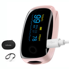 JDBBGJ vista frontal del pulsioxímetro rosa con pantalla OLED clara