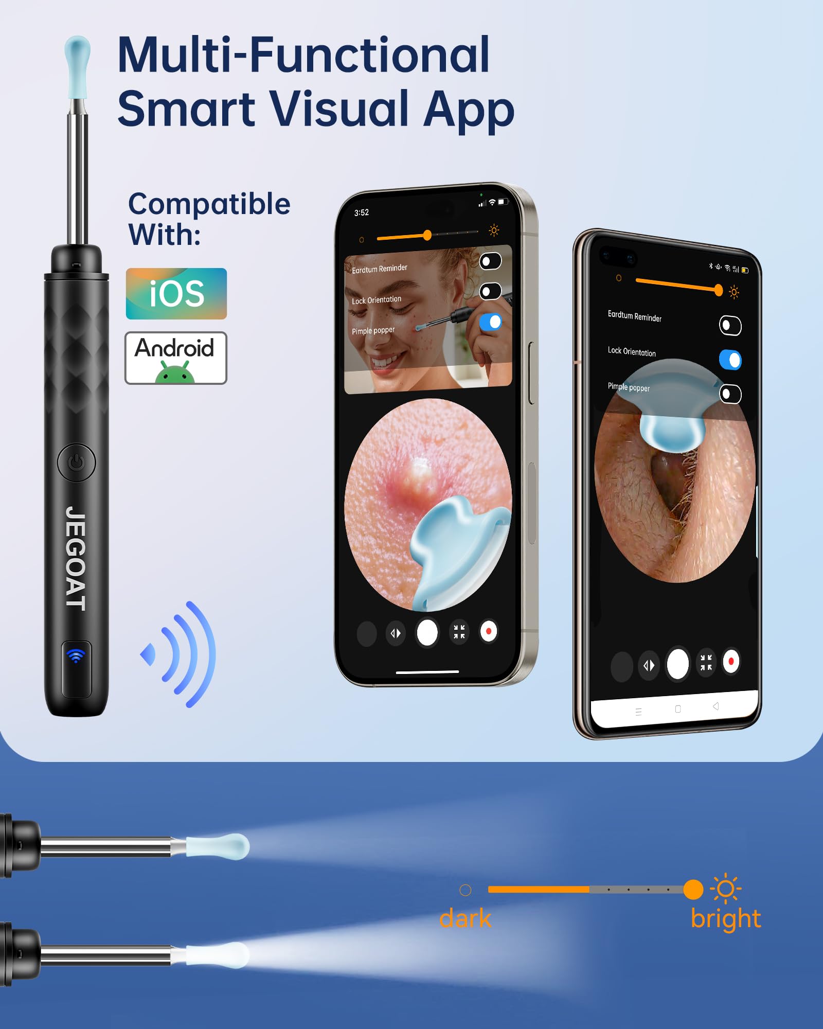 JEGOAT escena familiar usando el otoscopio para cuidado preventivo y registro visual