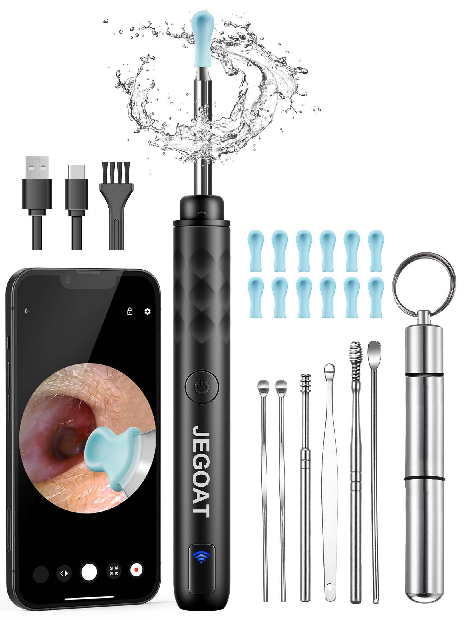 JEGOAT otoscopio frontal mostrando cámara y cuerpo compacto para inspección segura