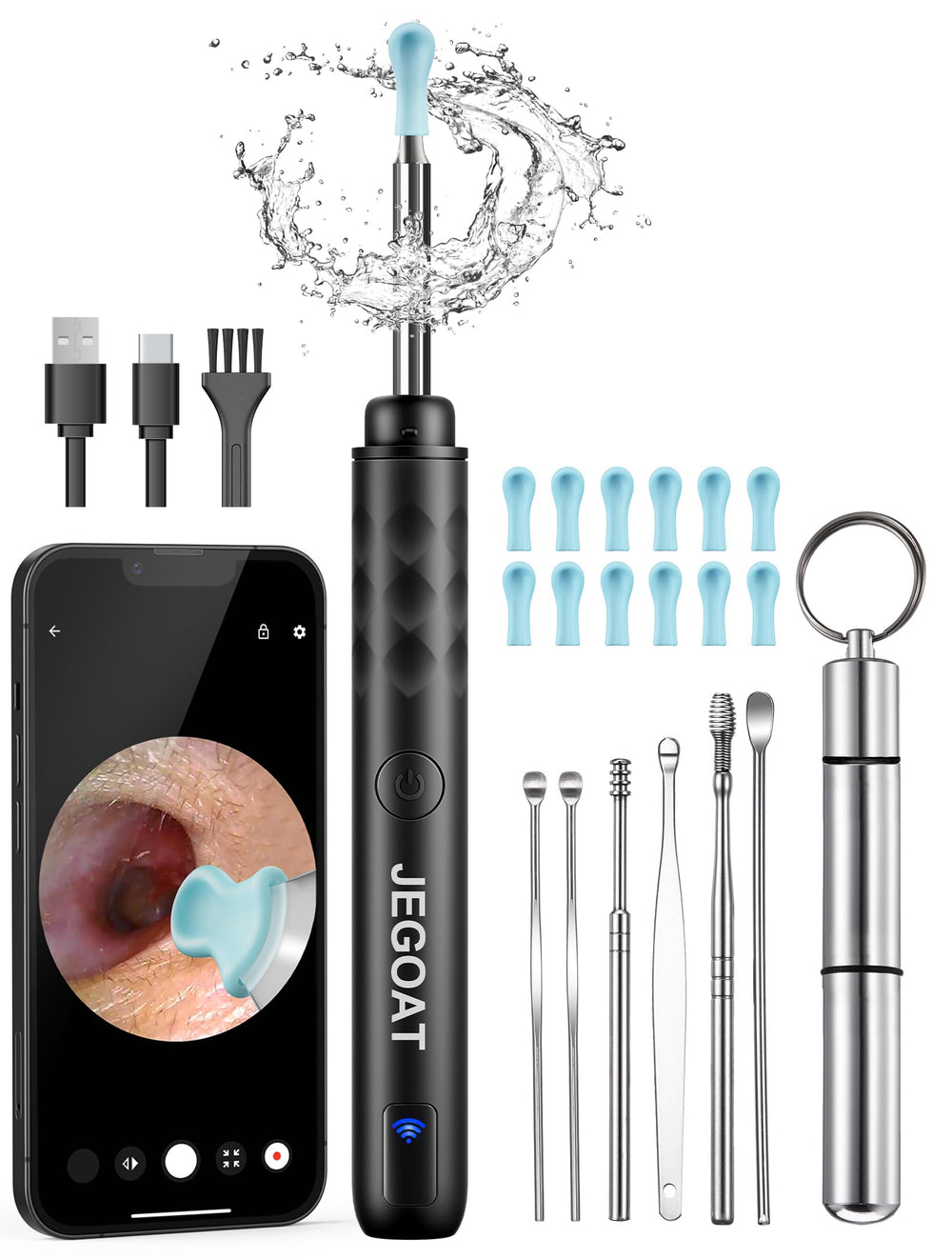 JEGOAT otoscopio frontal mostrando cámara y cuerpo compacto para inspección segura