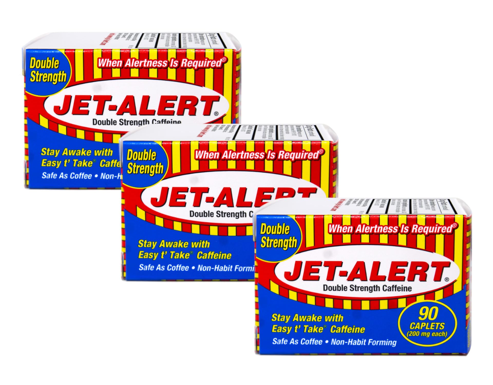 Jet-Alert frente del empaque mostrando 90 caplets y beneficios