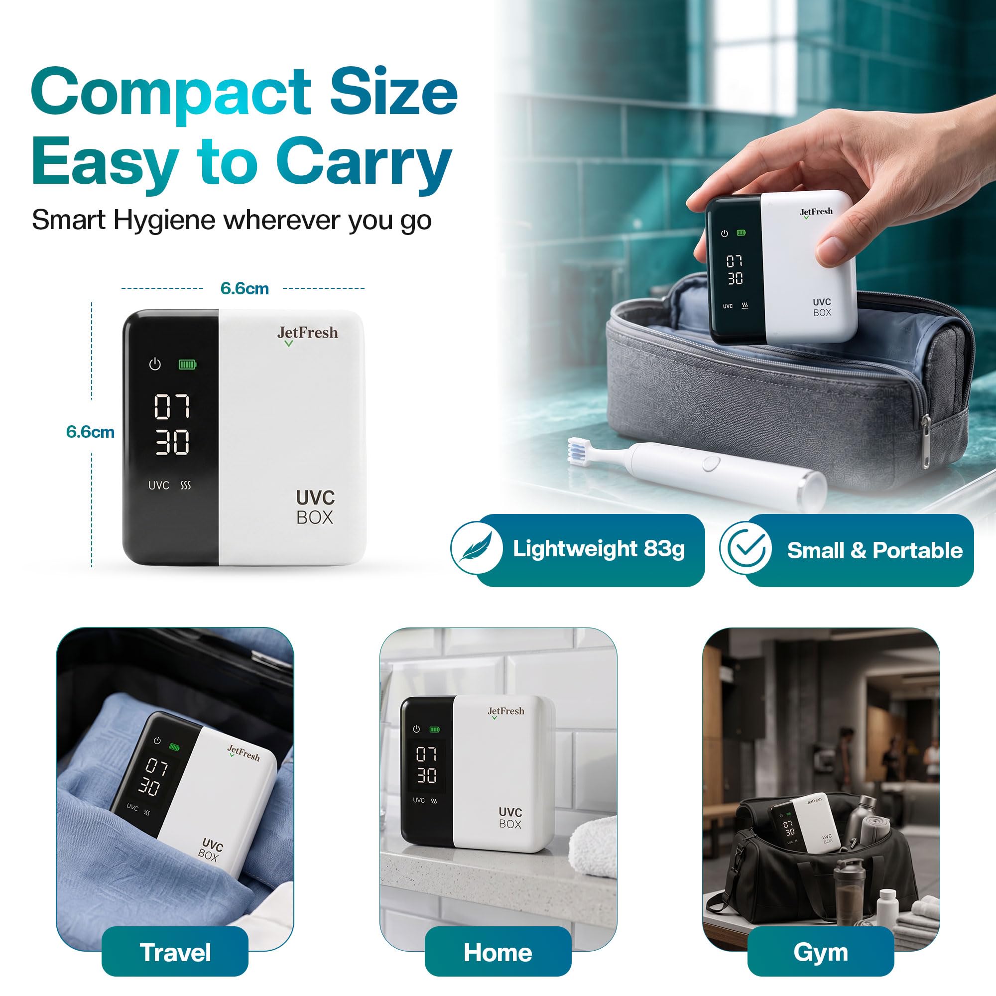 JetFresh comparado con un cepillo para ver tamaño compacto, ahorro espacio