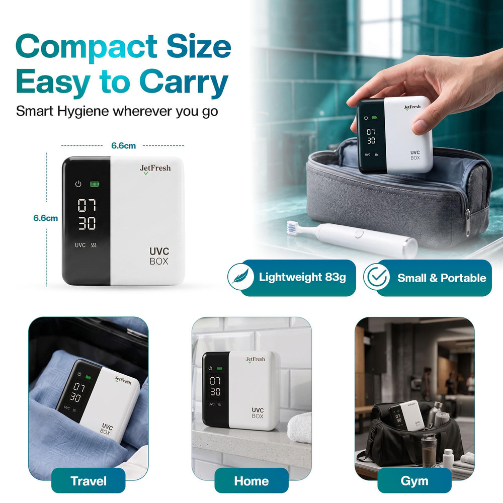 JetFresh comparado con un cepillo para ver tamaño compacto, ahorro espacio