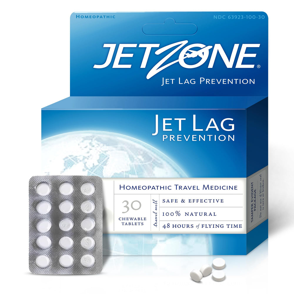 JetZone empaque frontal mostrando 30 masticables y portabilidad