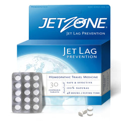 JetZone empaque frontal mostrando 30 masticables y portabilidad