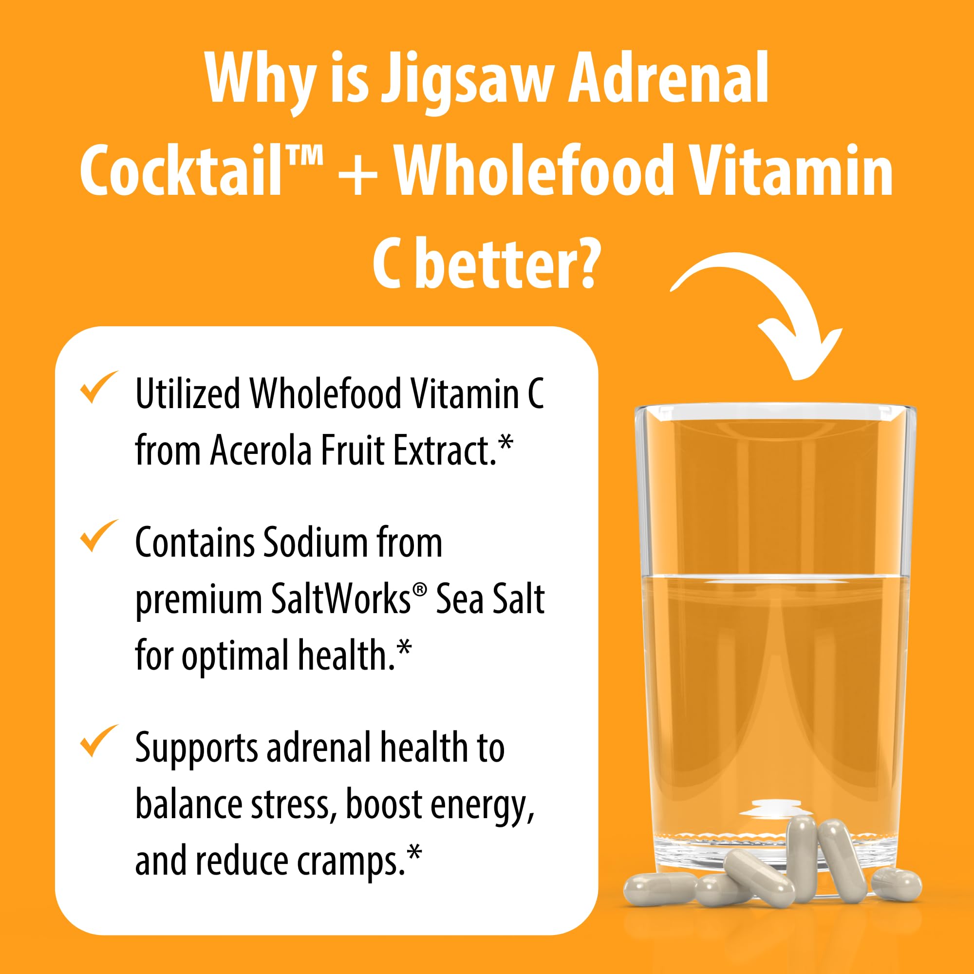Jigsaw Health cápsulas junto a vaso para uso en la mañana
