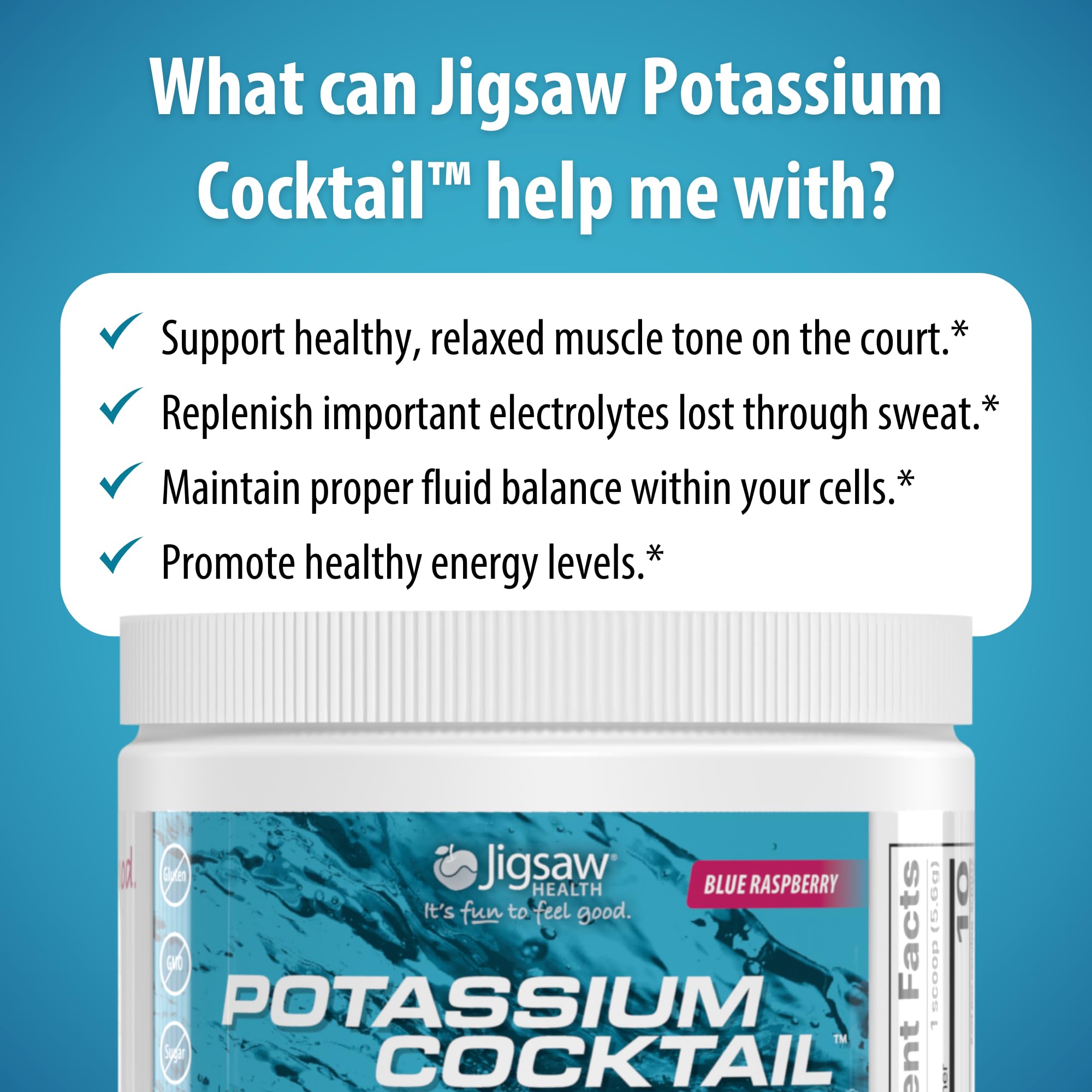 Jigsaw Health cucharada con polvo listando la porción de 800 mg de potasio
