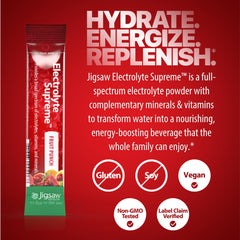Jigsaw Health polvo disolviéndose en agua mostrando mezcla homogénea y refresco instantáneo