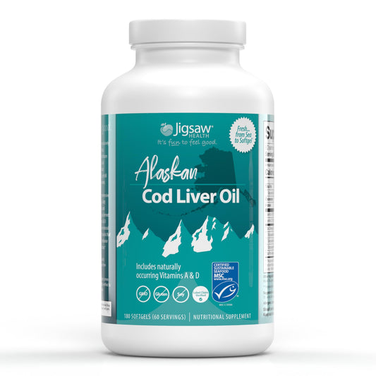 Jigsaw Health envase frontal mostrando 180 softgels y beneficios clave