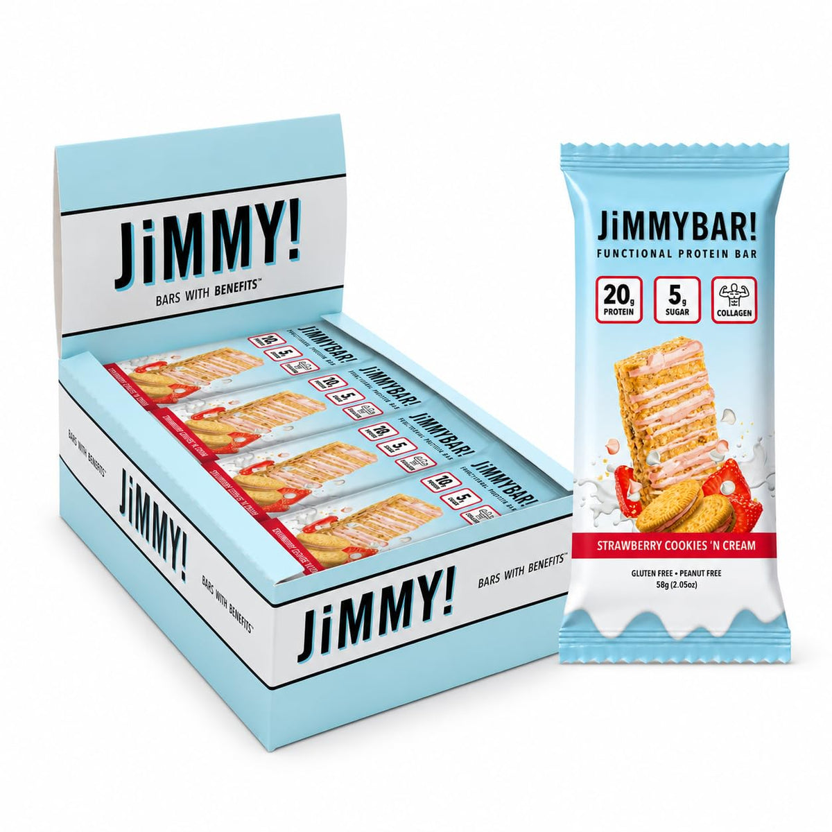 JIMMYBAR vista frontal del empaque que destaca sabor y beneficios