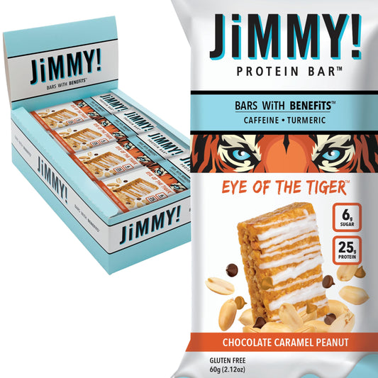 JiMMYBAR frontal del empaque mostrando información nutricional y diseño atractivo