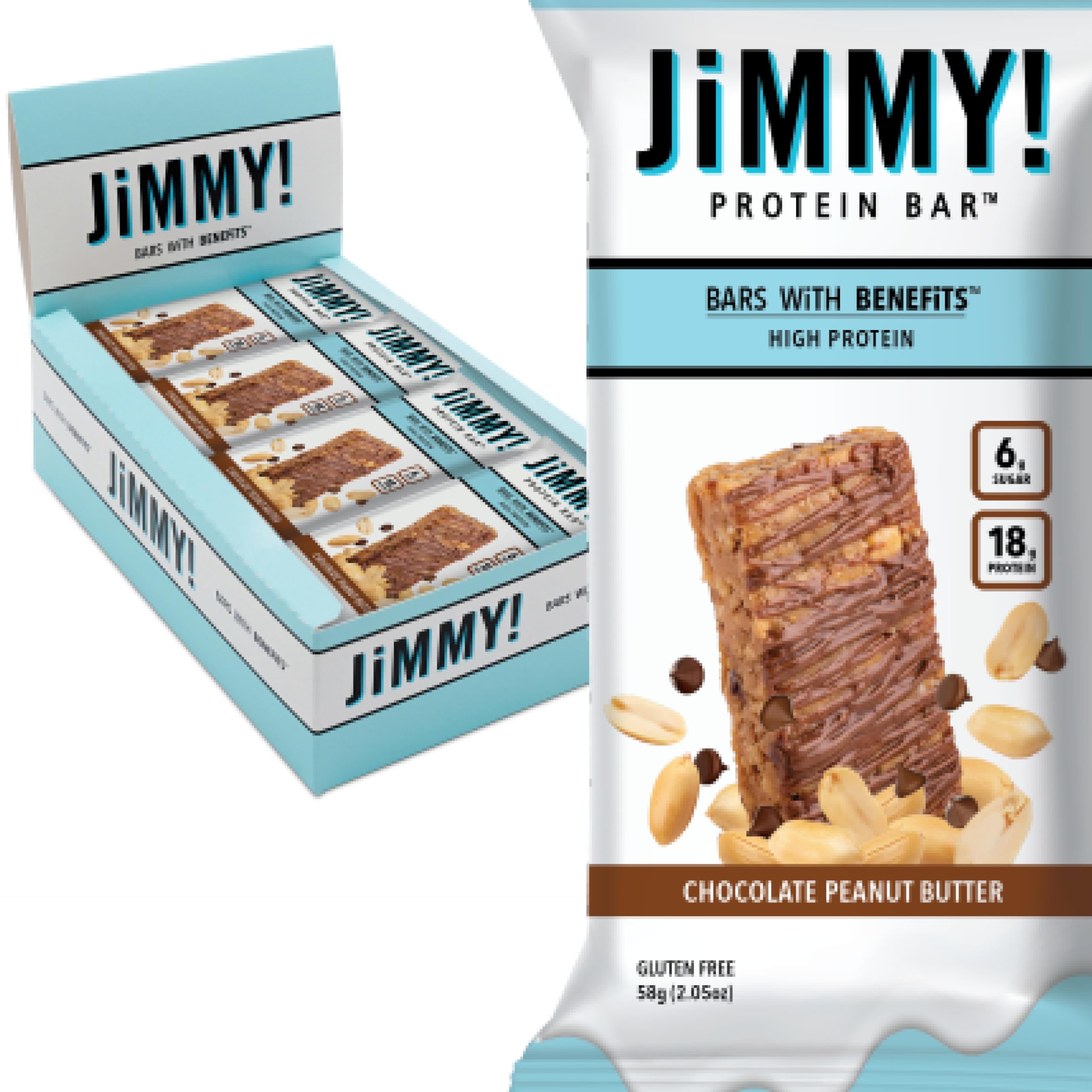 JIMMYBAR presentación frontal mostrando la barra y beneficios de proteína