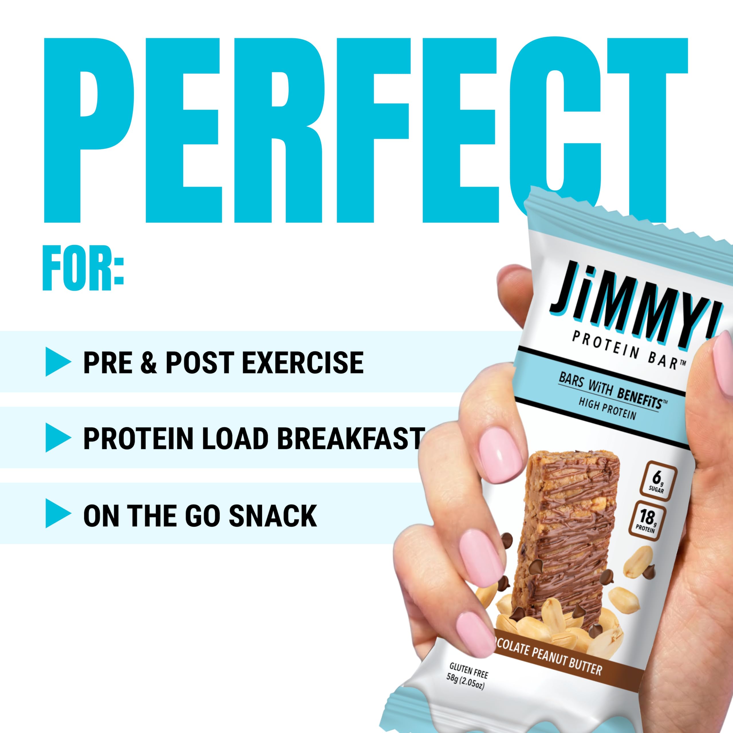 JIMMYBAR barra en mano mostrando tamaño práctico y aporte proteico