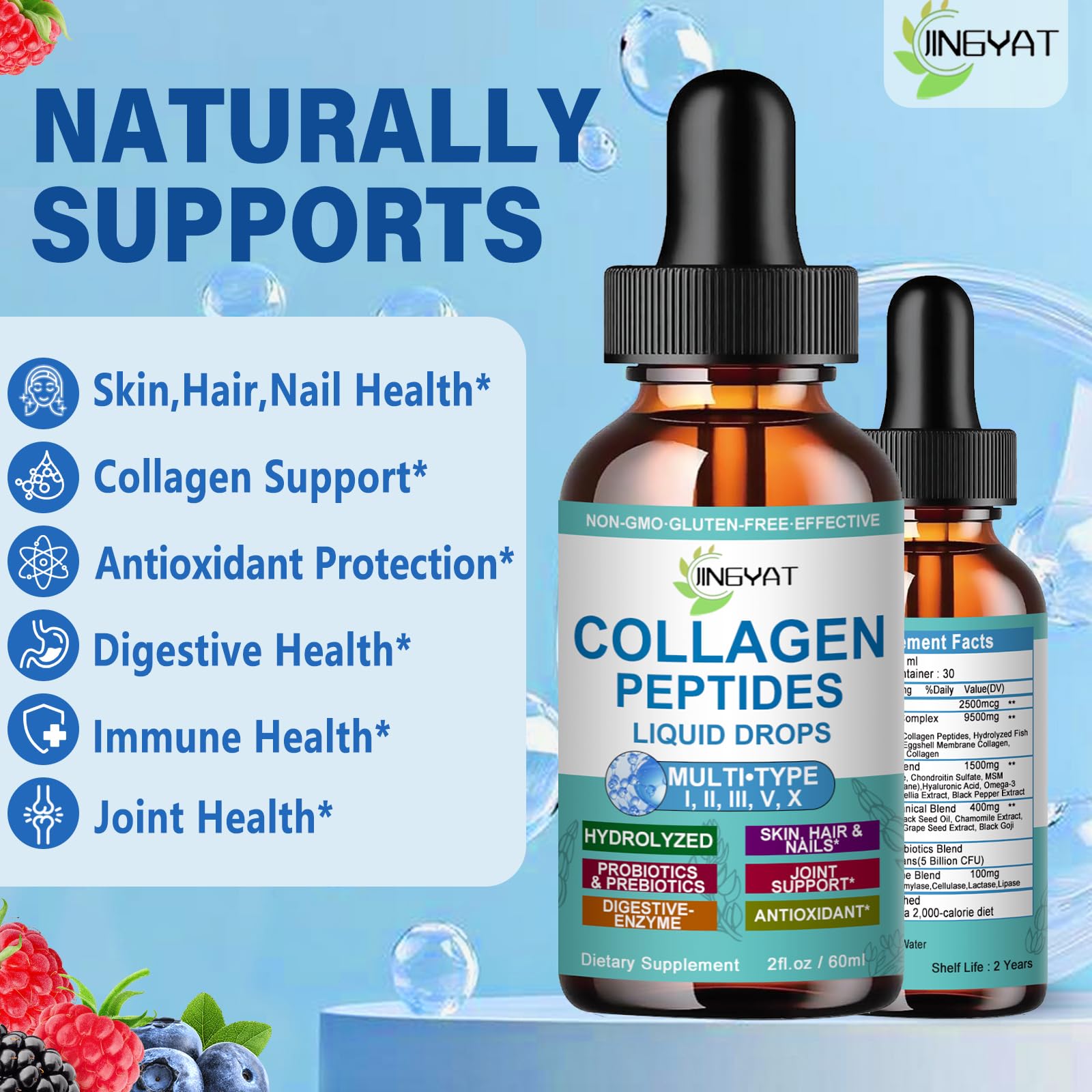 JINGYAT Colágeno líquido, lista de ingredientes con probióticos para apoyo digestivo
