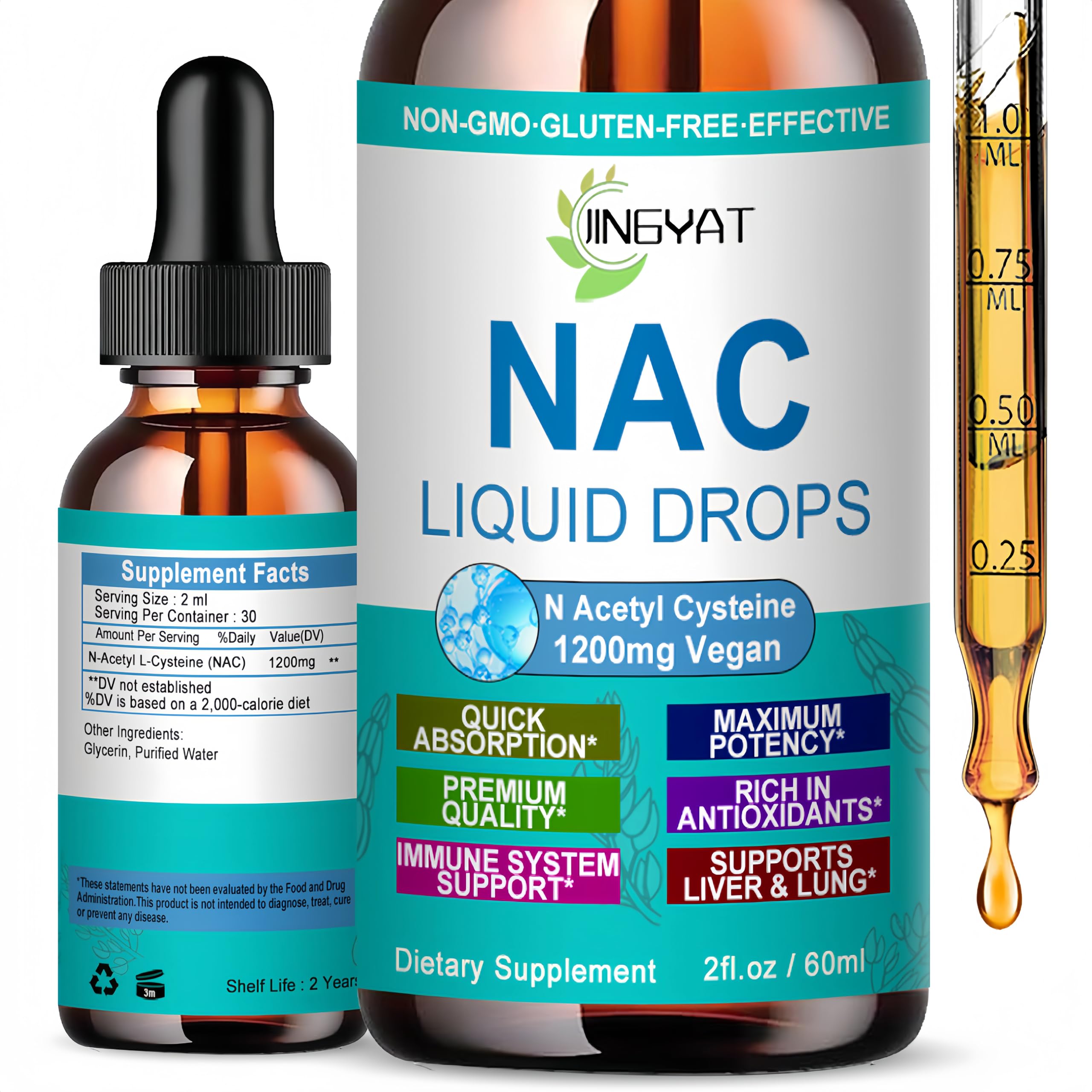 JINGYAT frasco delantero de NAC 1200 mg mostrando diseño y tamaño, facilita elección rápida