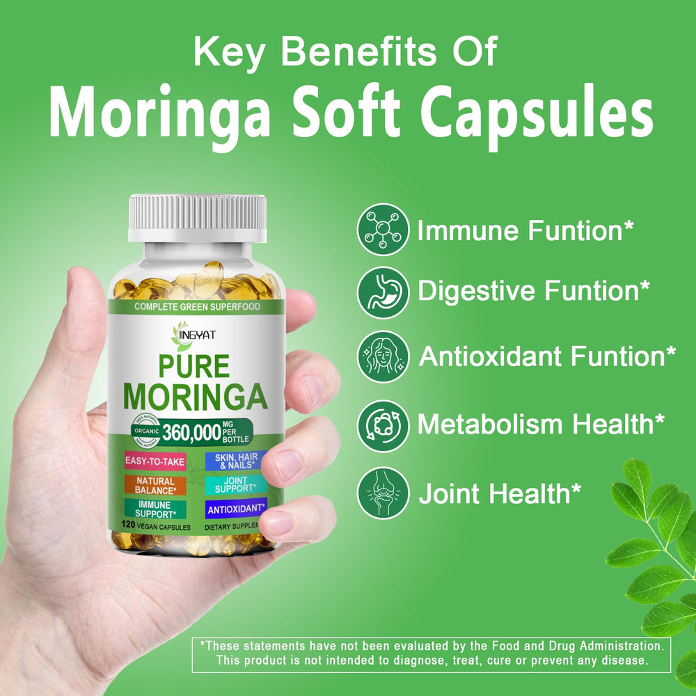 JINGYAT cápsula blanda de Moringa primer plano que muestra textura y pureza
