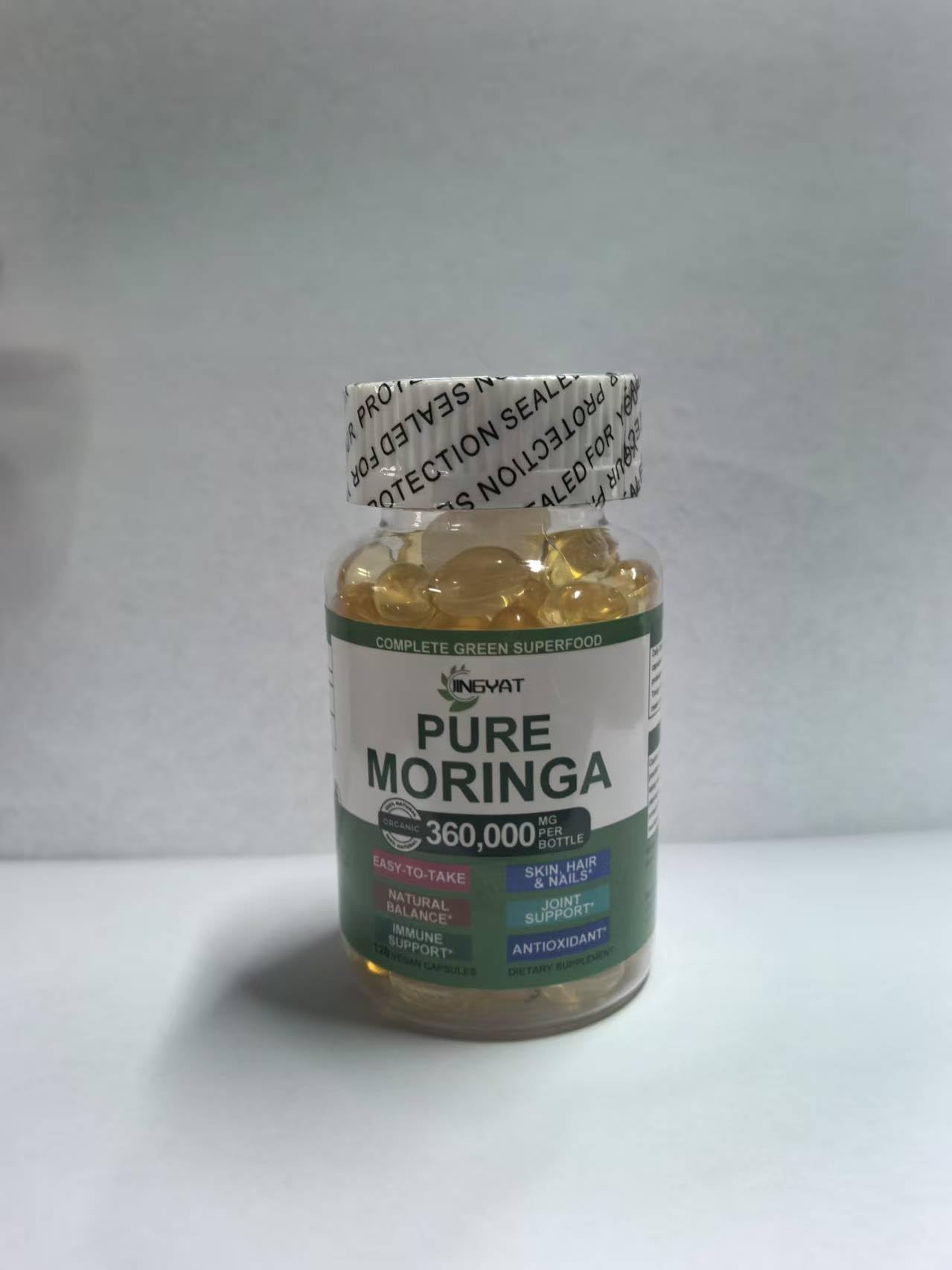 JINGYAT hojas frescas de Moringa que ilustran origen vegetal y calidad