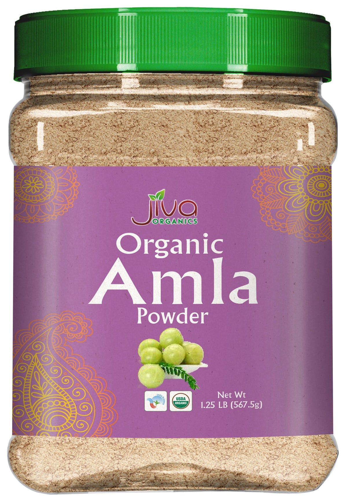 Jiva Organics empaque frontal de amla en polvo muestra sello orgánico y resellable