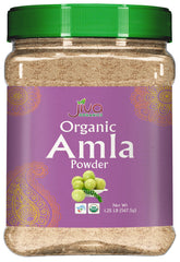 Jiva Organics empaque frontal de amla en polvo muestra sello orgánico y resellable