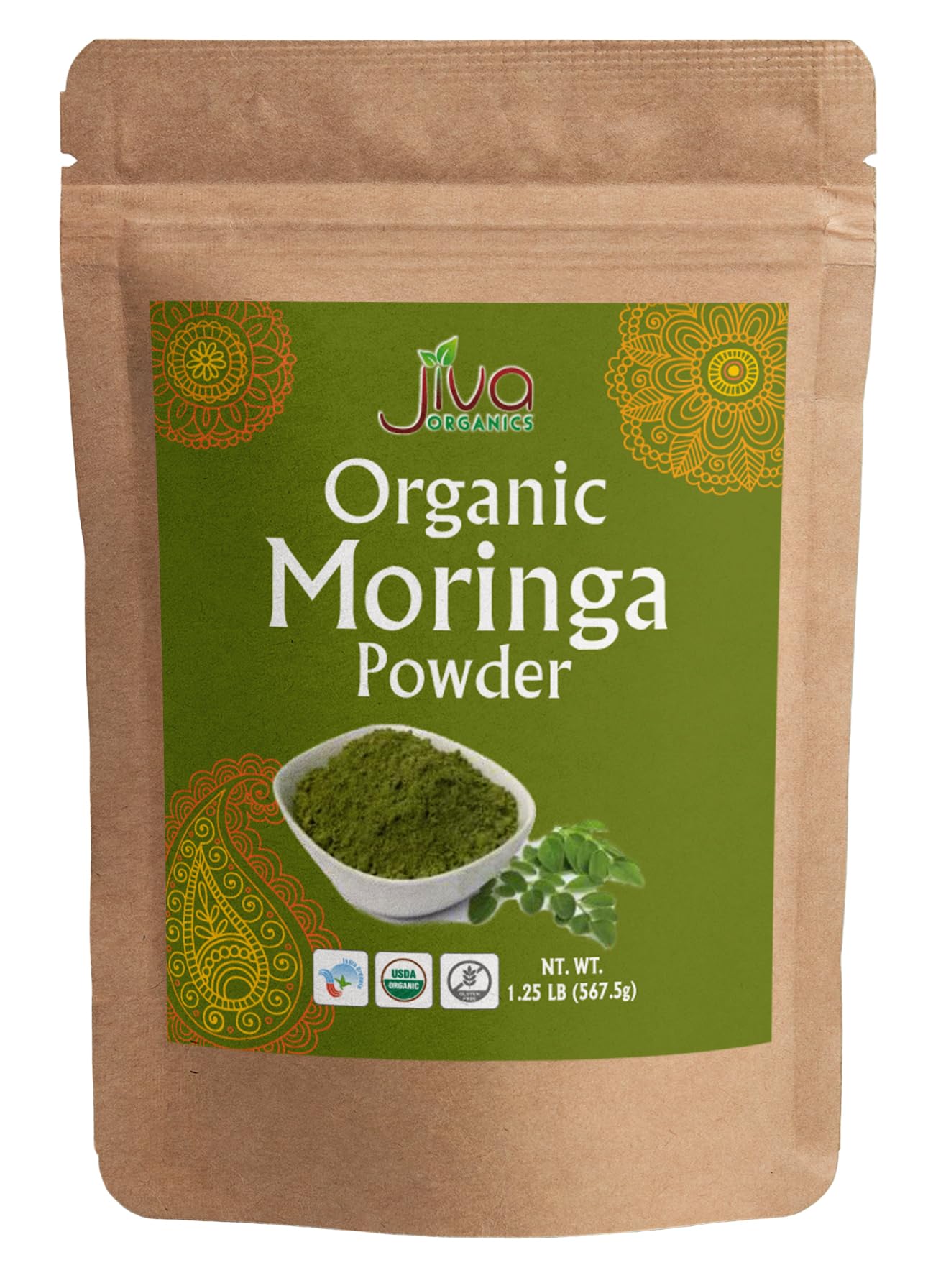 Jiva Organics vista frontal del empaque resellable, fácil conservación