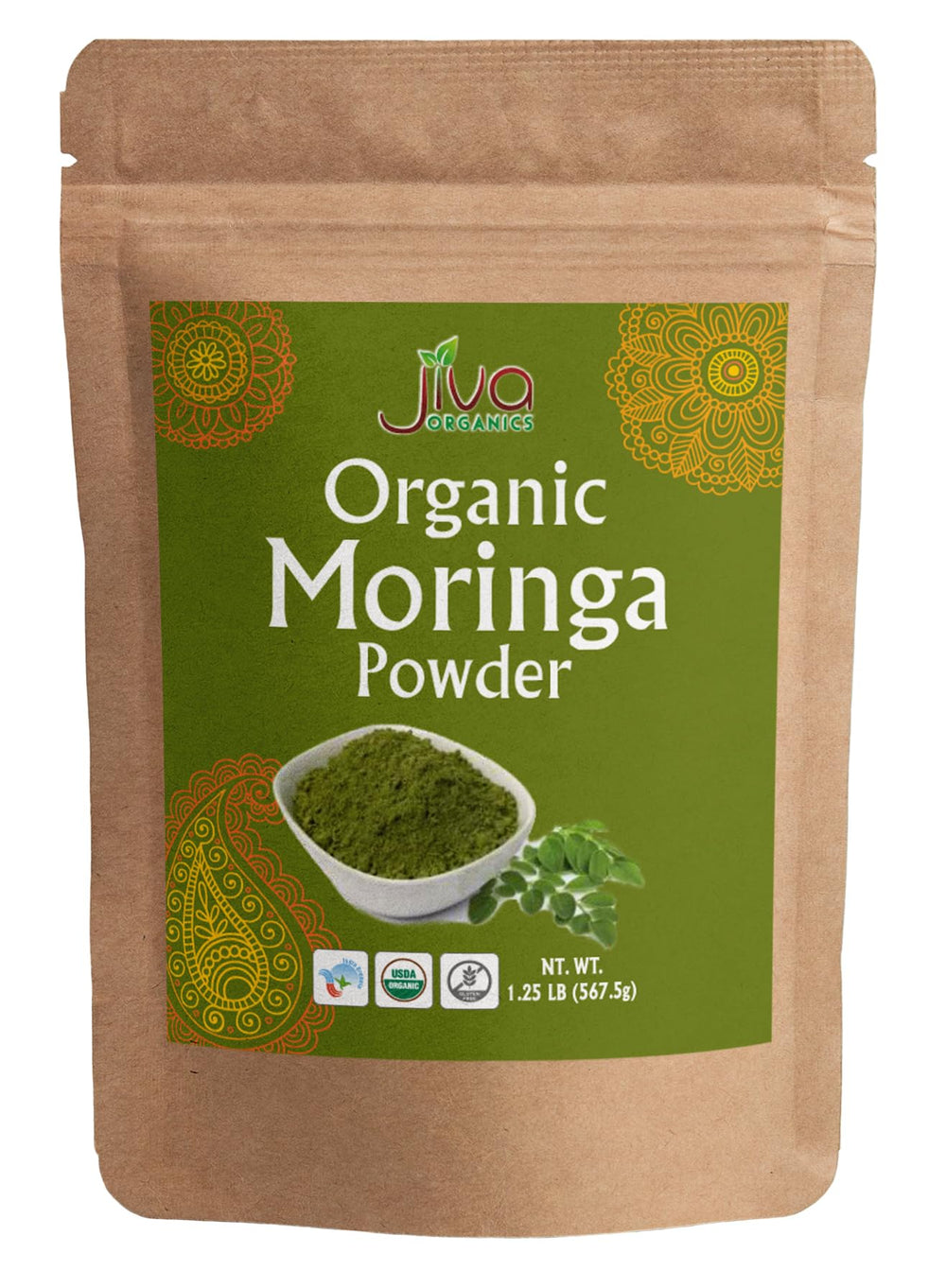 Jiva Organics vista frontal del empaque resellable, fácil conservación