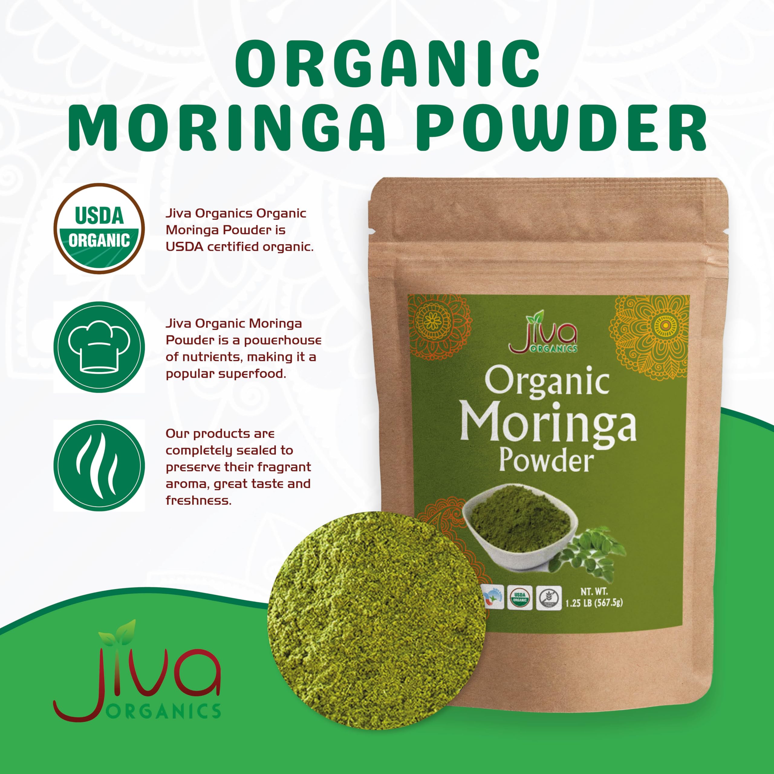 Jiva Organics mano sosteniendo la bolsa, formato práctico a granel