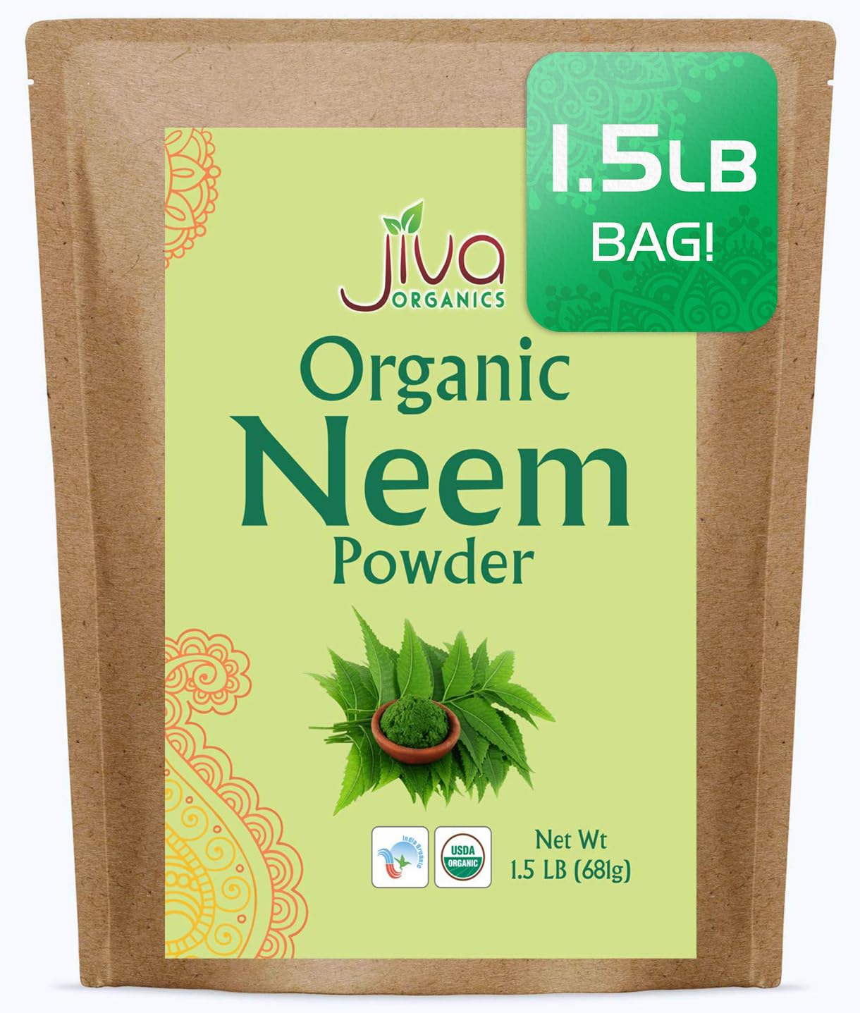 Jiva Organics bolsa de neem orgánico vista frontal con etiqueta informativa