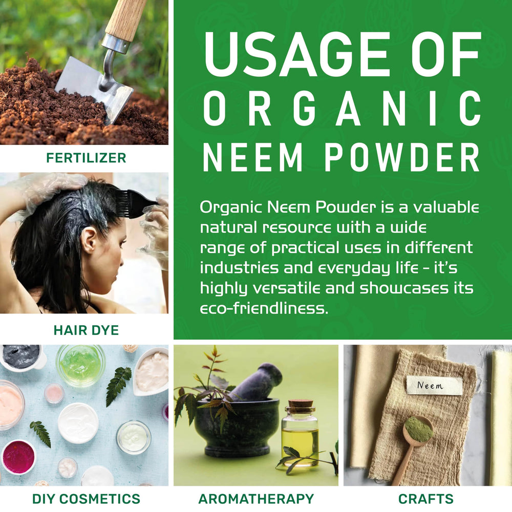 Jiva Organics polvo de neem en cuchara resaltando facilidad de dosificación