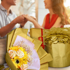Jkopsnr caja rellena con papel seda dorado protegiendo y decorando productos