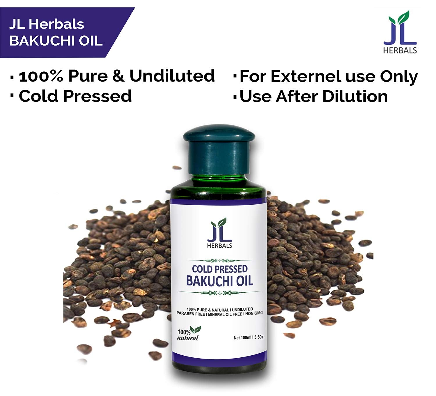 JL HERBAL botella de Bakuchi 100ml junto a elementos para escala tamaño claro