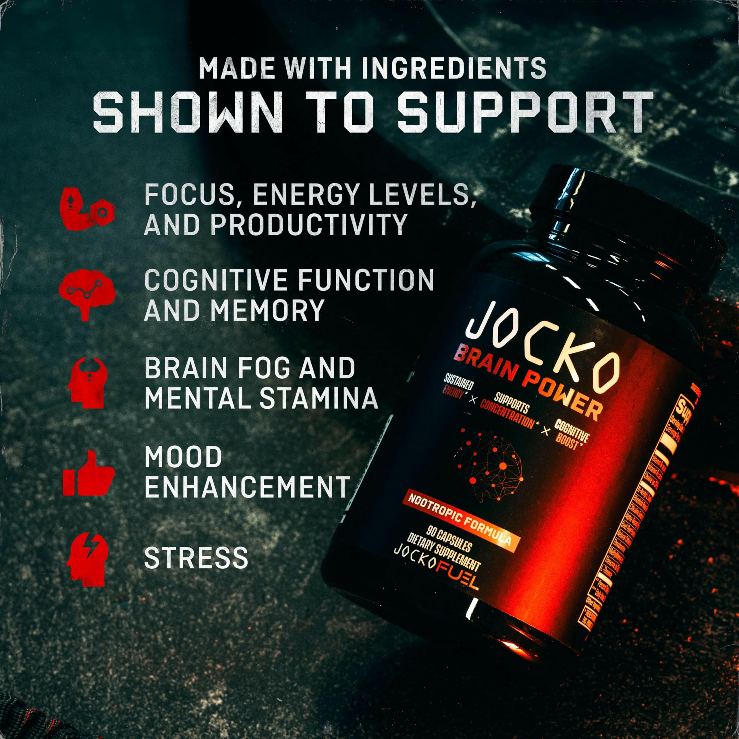 Jocko Fuel Brain Power detalle de cápsulas apiladas mostrando textura y calidad para enfoque y memoria