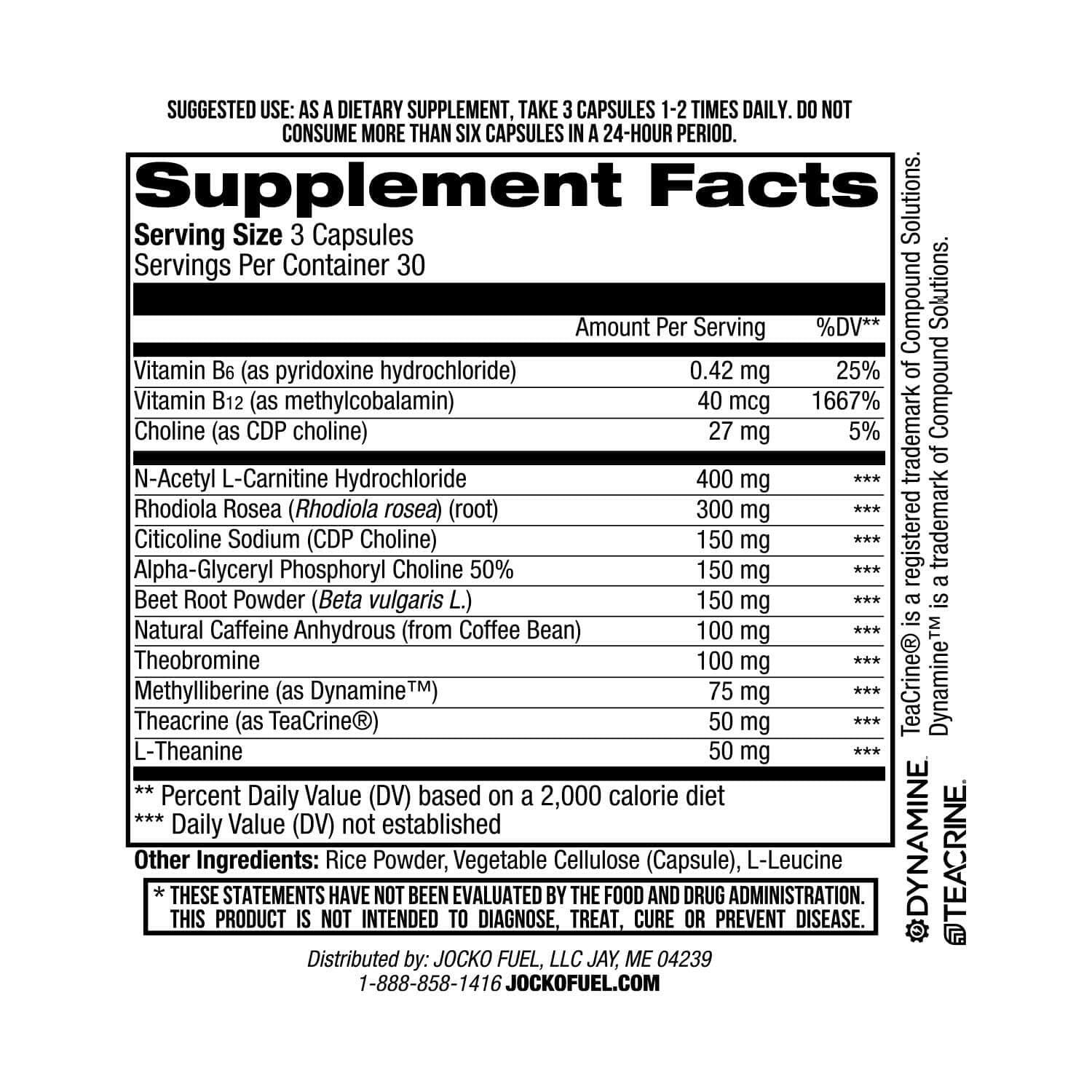 Jocko Fuel Brain Power etiqueta con lista de ingredientes clave para memoria, energía y claridad mental