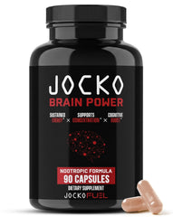 Jocko Fuel Brain Power vista frontal del envase mostrando presentación de 90 cápsulas y foco en energía sostenida