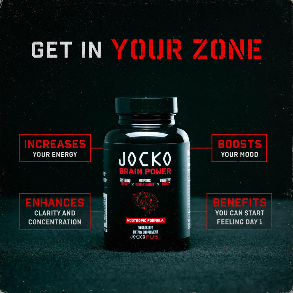 Jocko Fuel Brain Power persona sosteniendo cápsulas, ilustra toma diaria para concentración prolongada