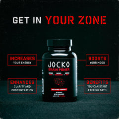 Jocko Fuel Brain Power persona sosteniendo cápsulas, ilustra toma diaria para concentración prolongada