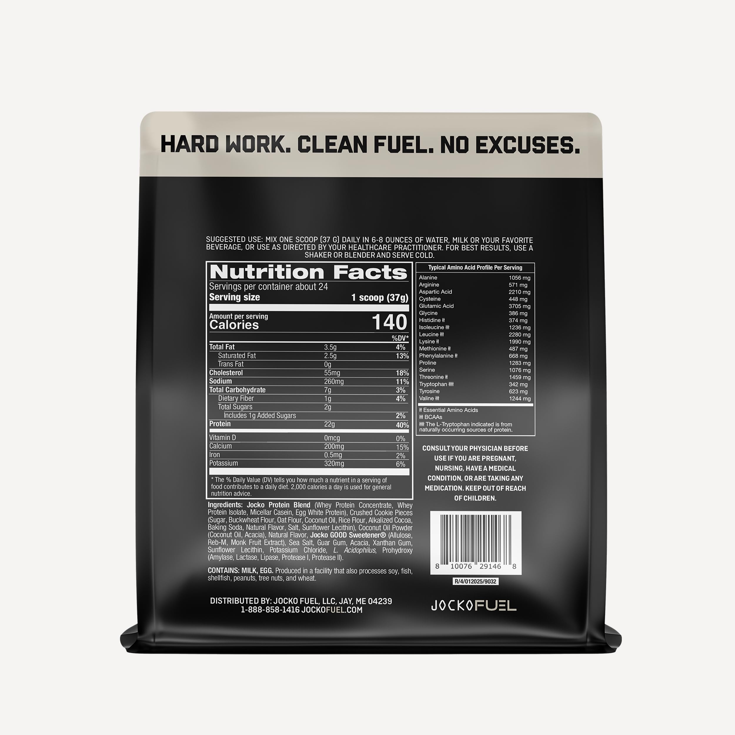 Jocko Fuel detalle de etiqueta con información de proteínas y enzimas