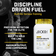 Polvo fino de Jocko Fuel de cerca que muestra textura y fácil disolución para batidos