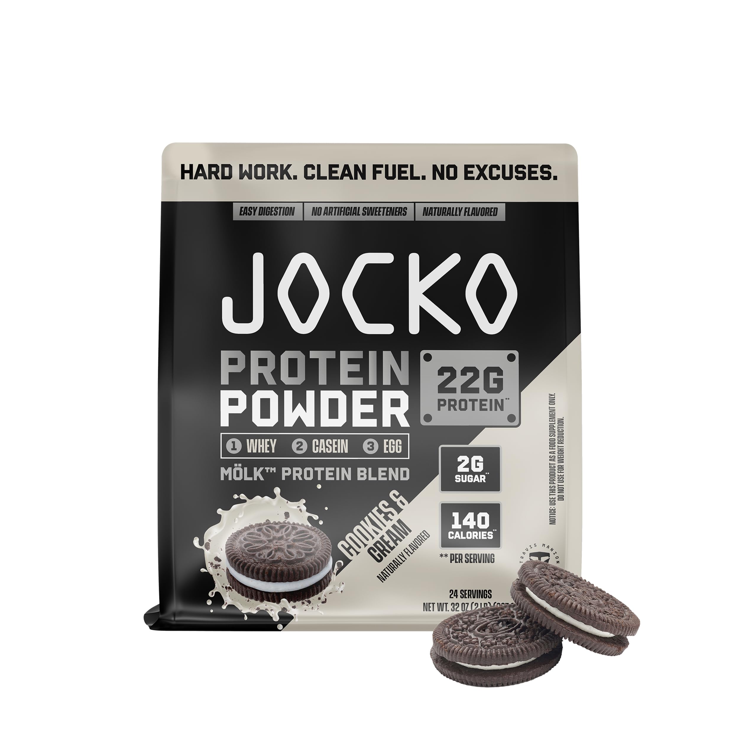 Jocko Fuel envase frontal mostrando sabor cookies & cream y beneficios
