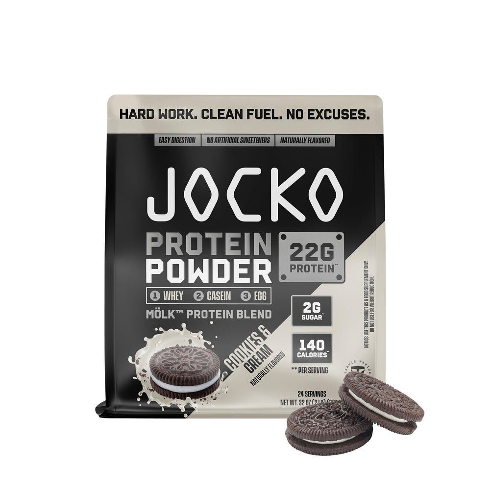 Jocko Fuel envase frontal mostrando sabor cookies & cream y beneficios