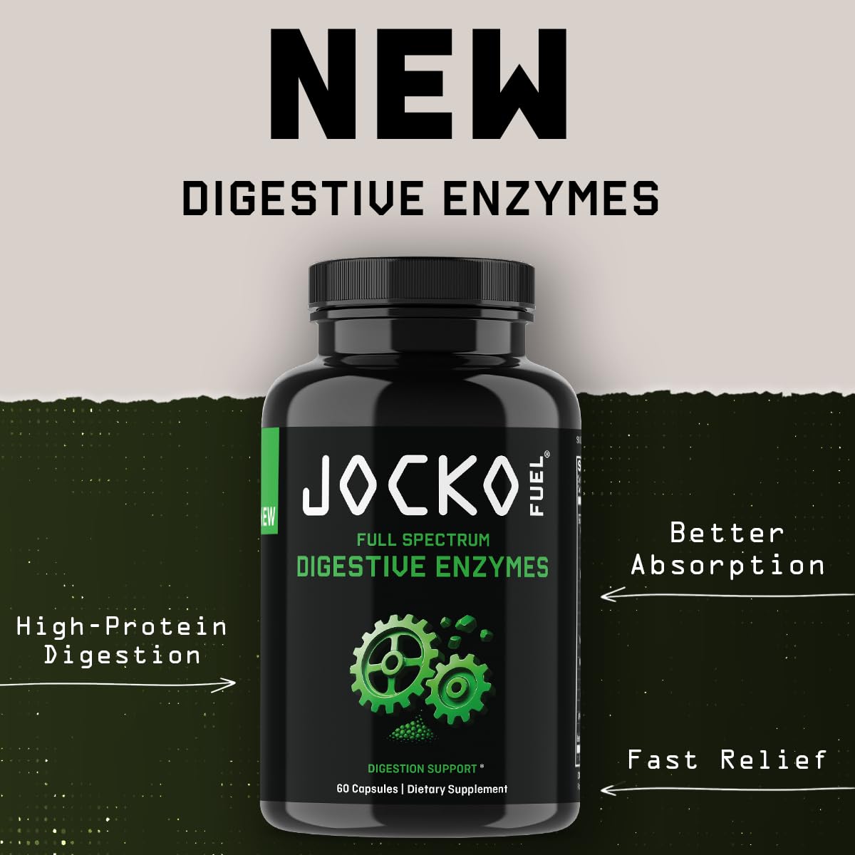 Jocko Fuel etiqueta con lista de enzimas y Betaine HCl para transparencia