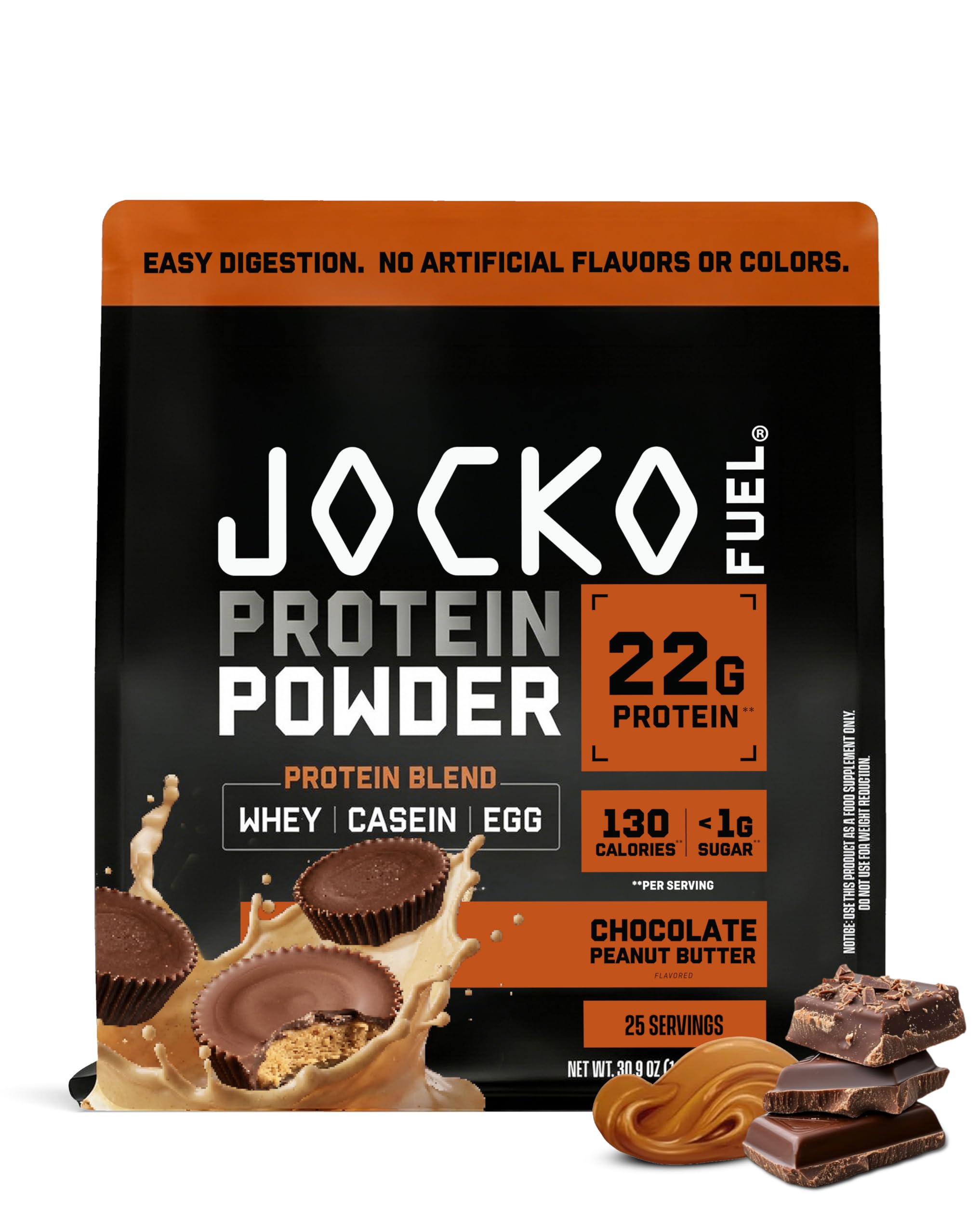 Jocko Fuel frente del envase mostrando sabor chocolate peanut butter y 25 raciones