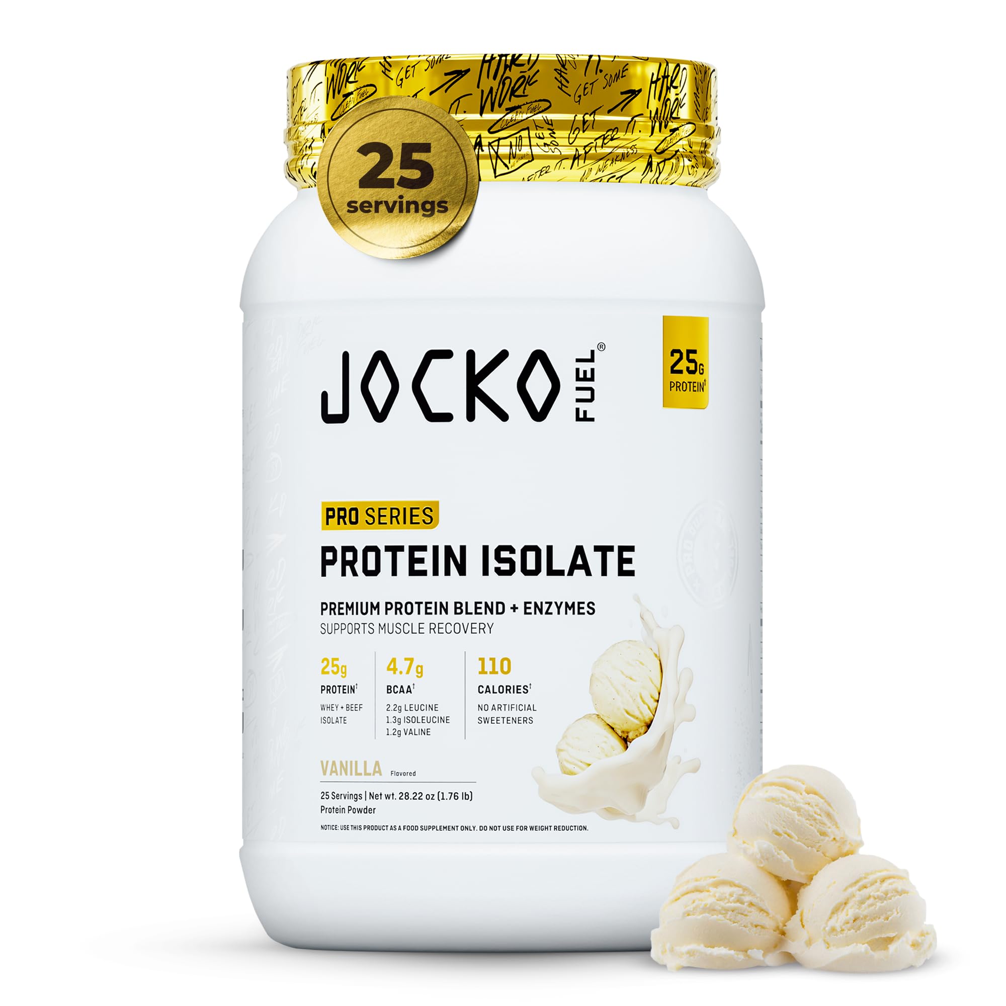 Jocko Fuel envase frontal mostrando diseño y sabor vainilla, ideal para nutrición deportiva