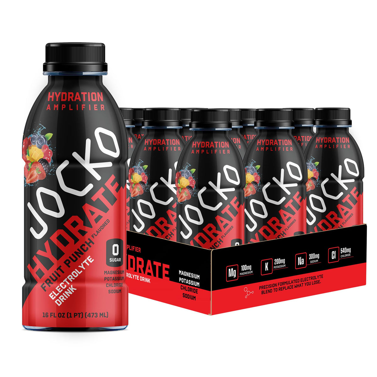 Jocko Fuel frontal mostrando botella Fruit Punch con diseño claro y beneficio de rehidratación