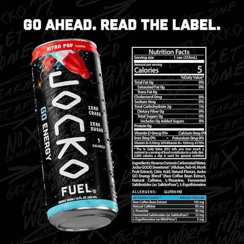 Acercamiento a la etiqueta Jocko Fuel GO Nitro Pop mostrando vitaminas y adaptógenos, información clara
