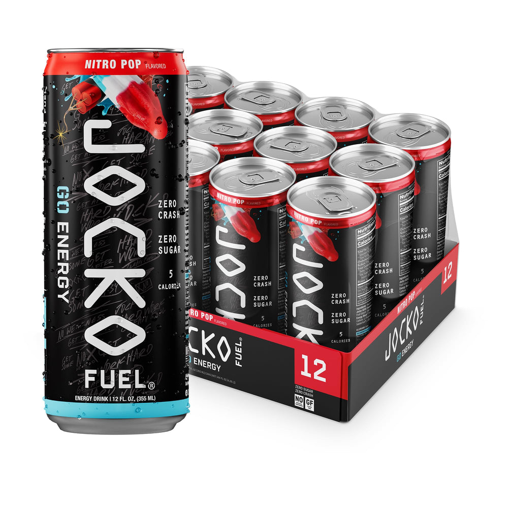 Jocko Fuel GO Nitro Pop lata frontal mostrando diseño y 95 mg de cafeína, energía controlada