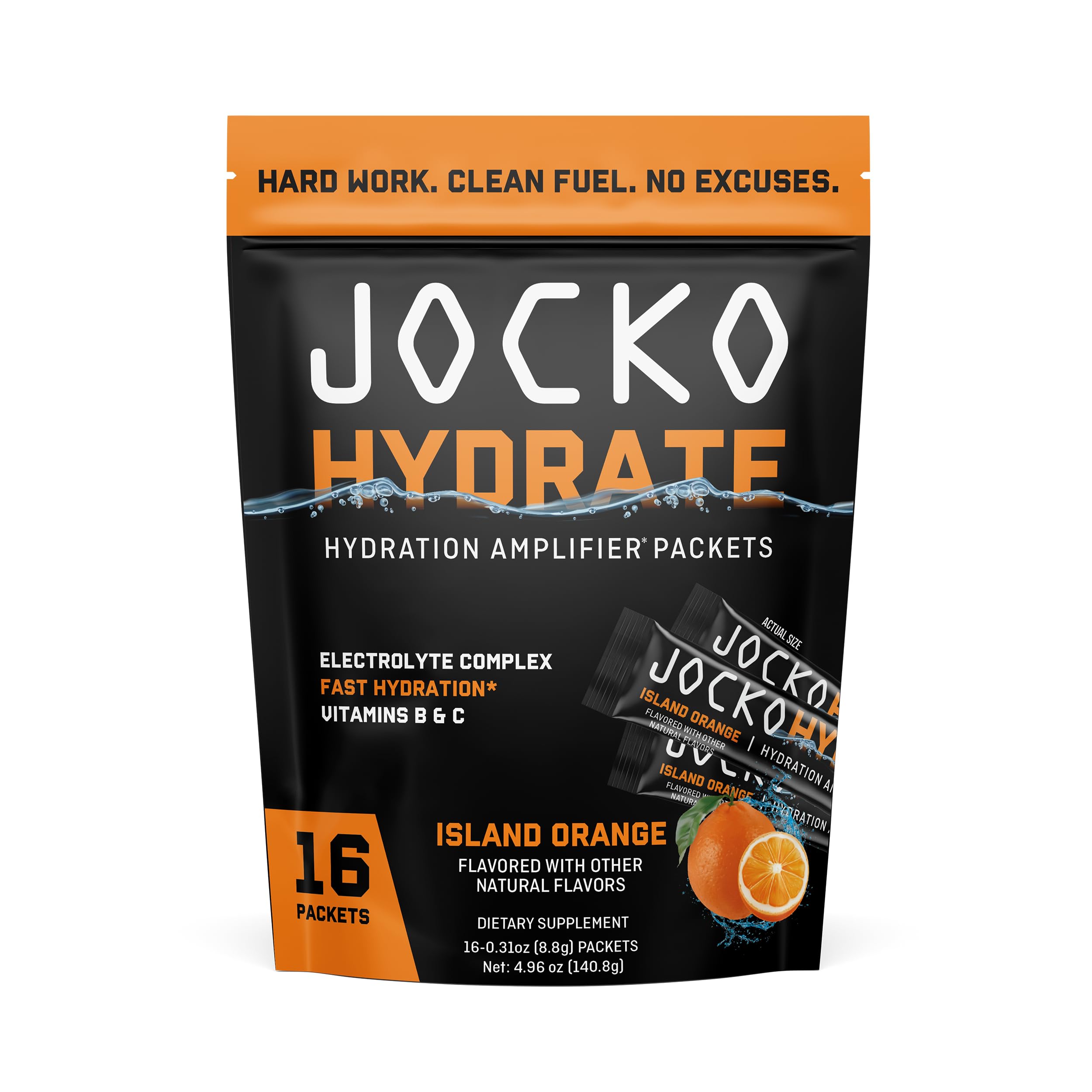 Jocko Fuel empaque frontal mostrando 16 sobres para hidratación rápida